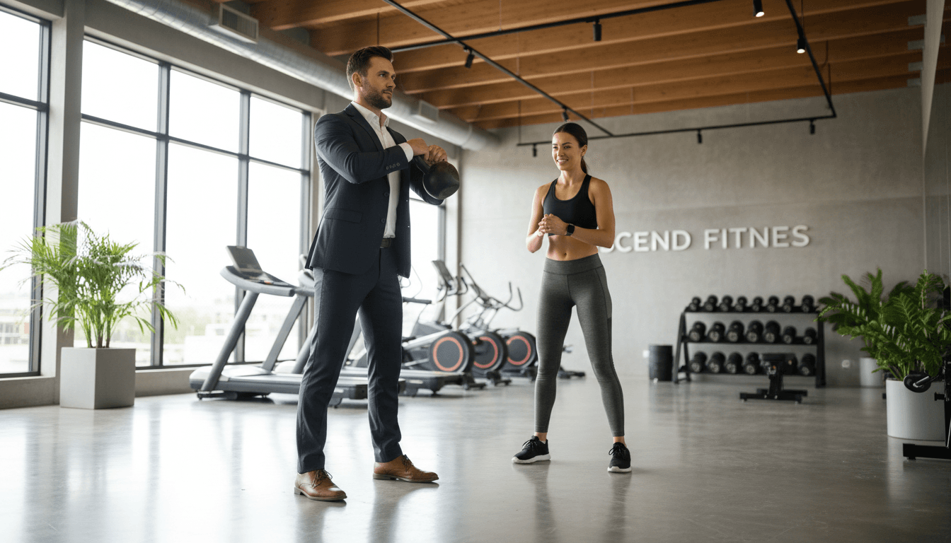 Executive in business attire training with a personal trainer in a modern gym with natural light
