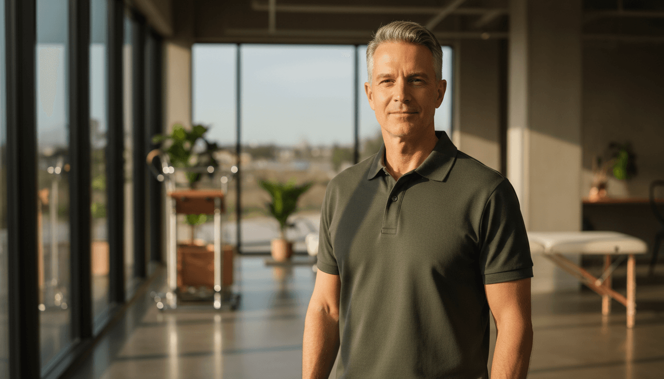 Confident executive standing in a bright wellness studio with natural light