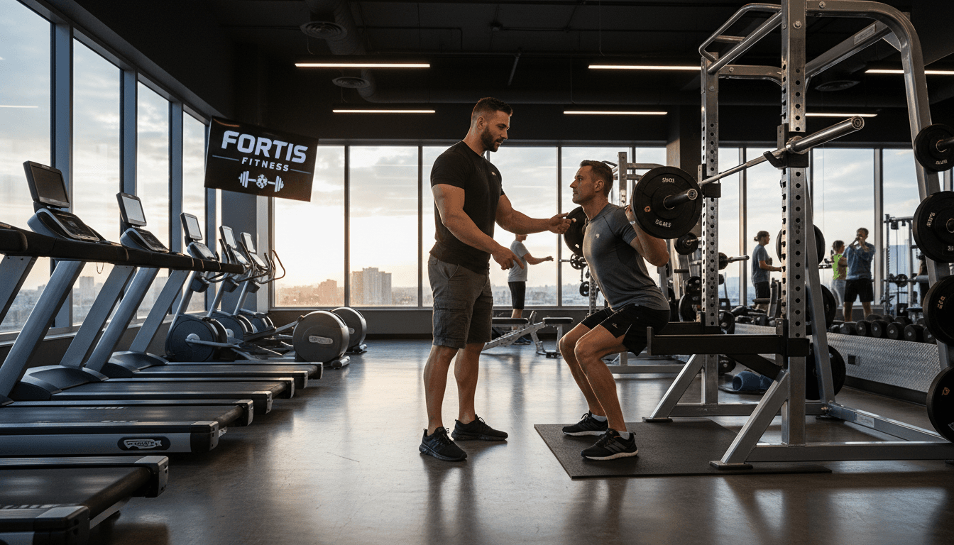 Former Marine personal trainer coaching executive client in a modern gym with professional equipment