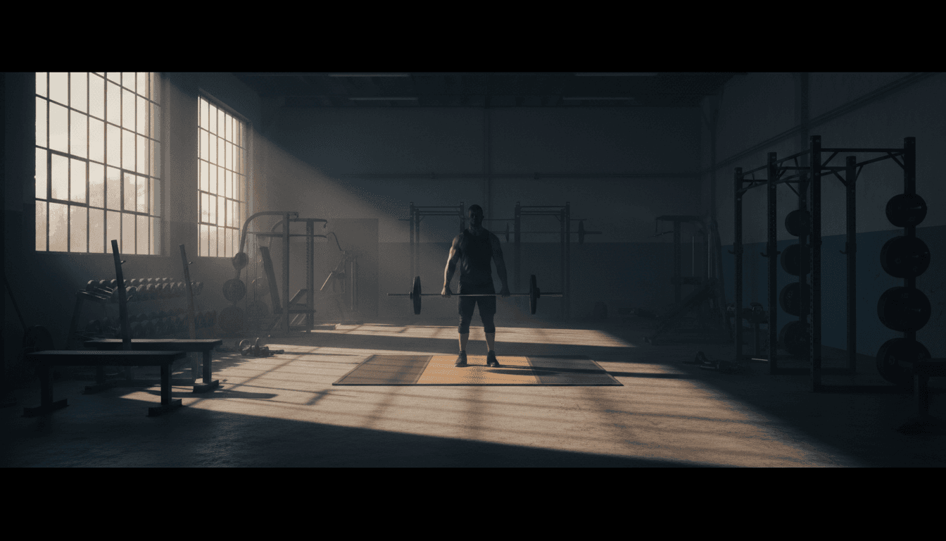 A single figure standing in a dark, dramatic gym, symbolizing focus and determination