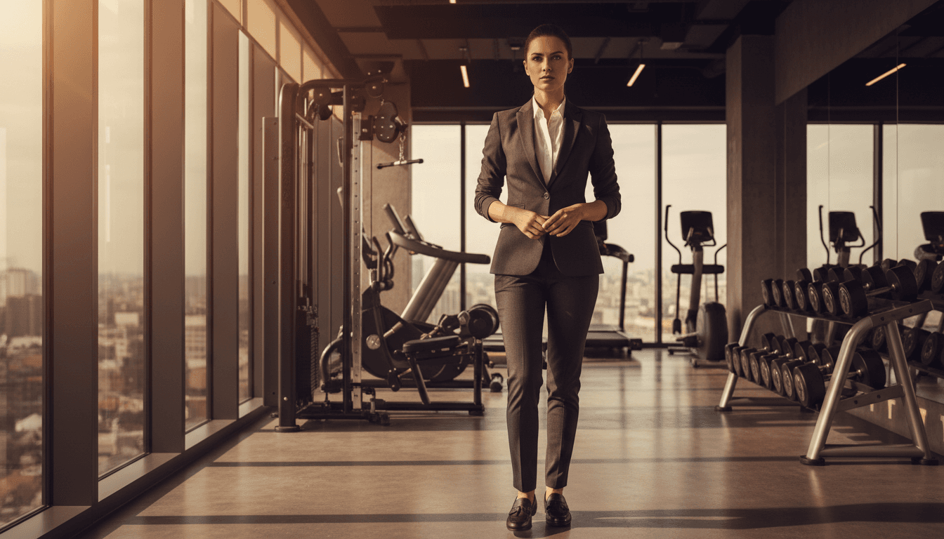 Professional in business attire standing in a modern gym with soft morning light