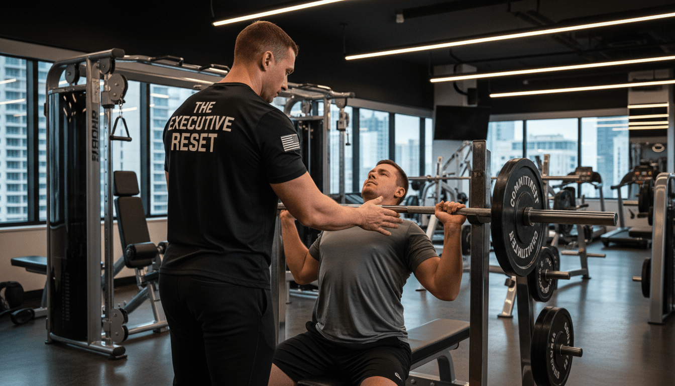 Personal trainer spotting client during an intense barbell bench press session in a modern gym.