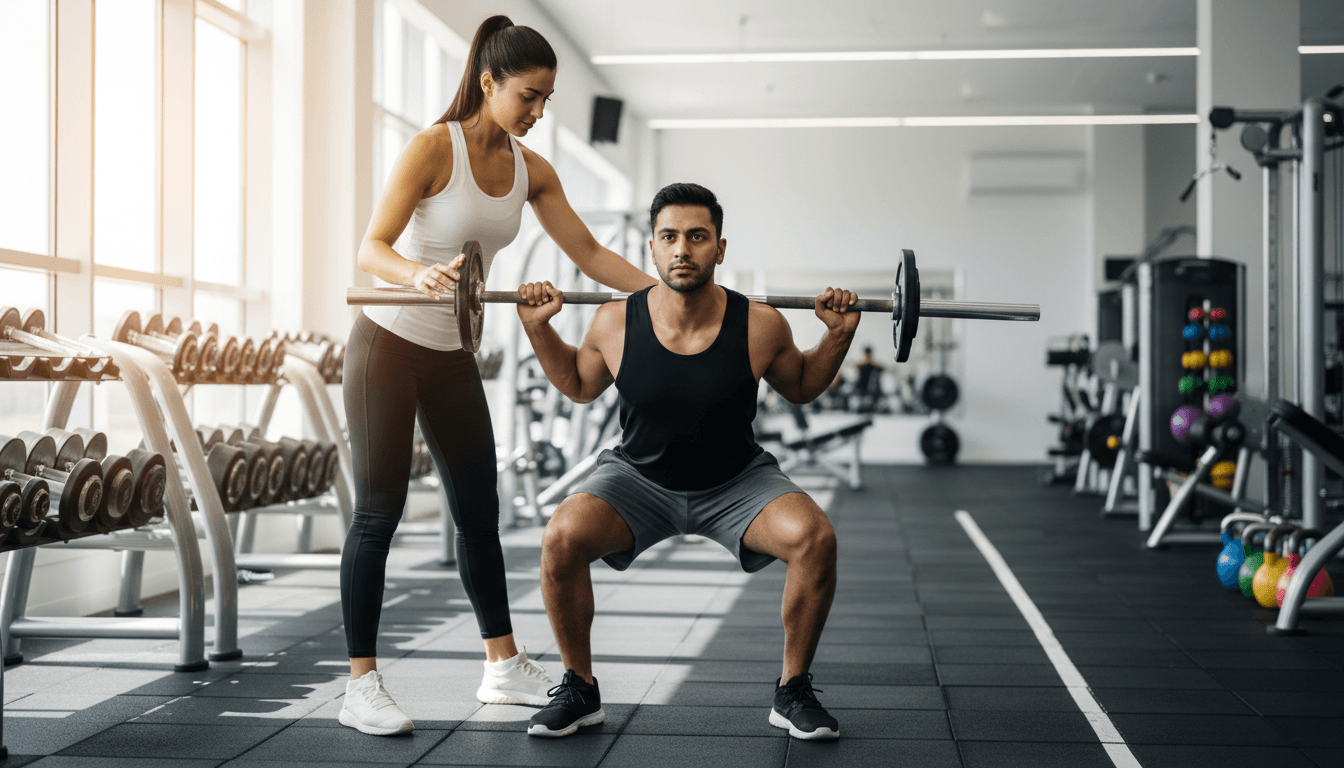 Wellness coach training an executive client in a modern gym