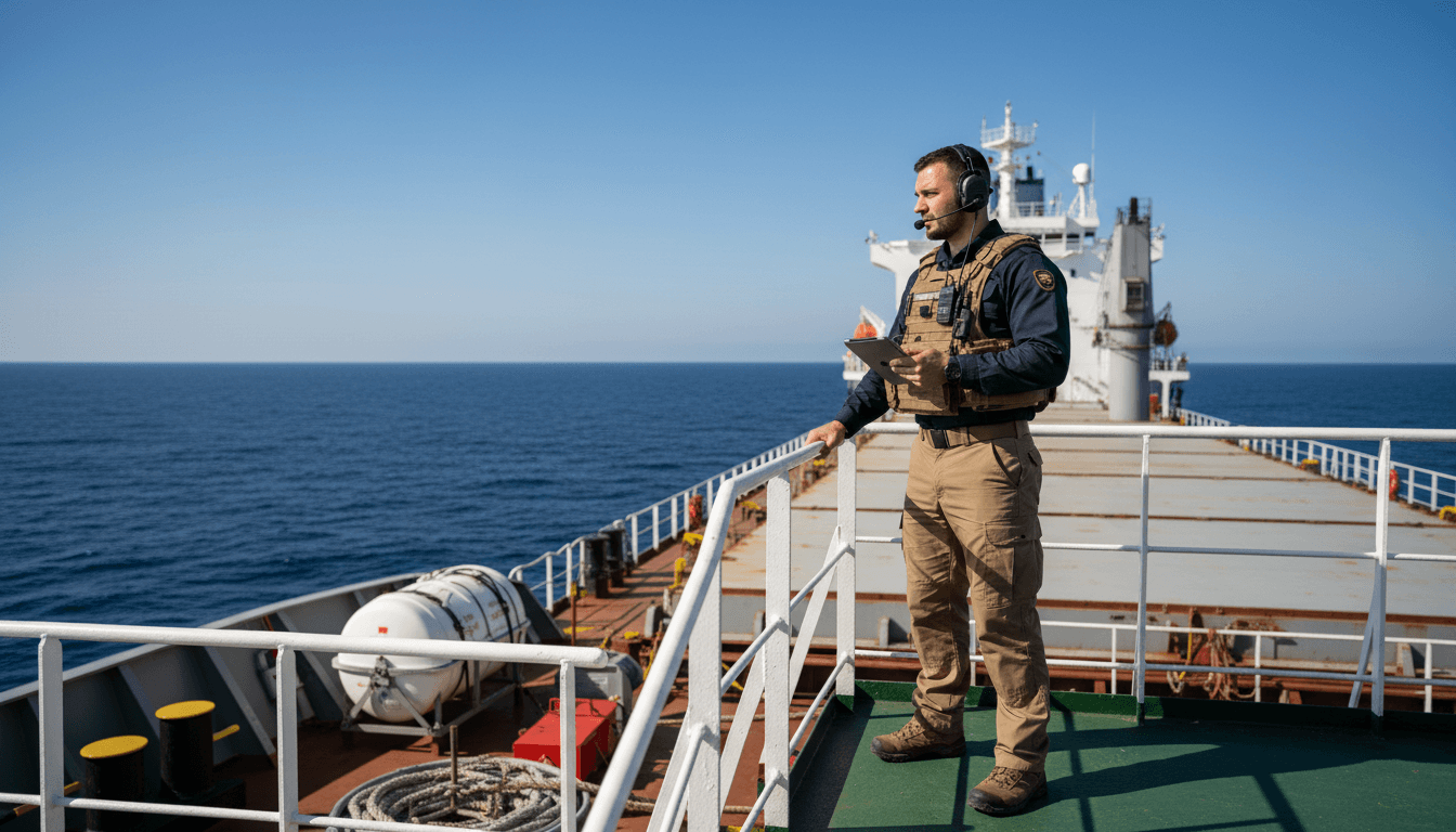 Security operative in tactical vest conducting vessel perimeter assessment on commercial cargo ship deck with ocean horizon background