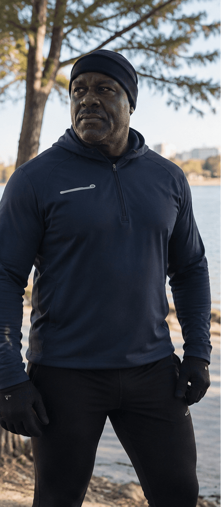 Muscular Black man in a navy hoodie and beanie stands outdoors near a scenic lake.