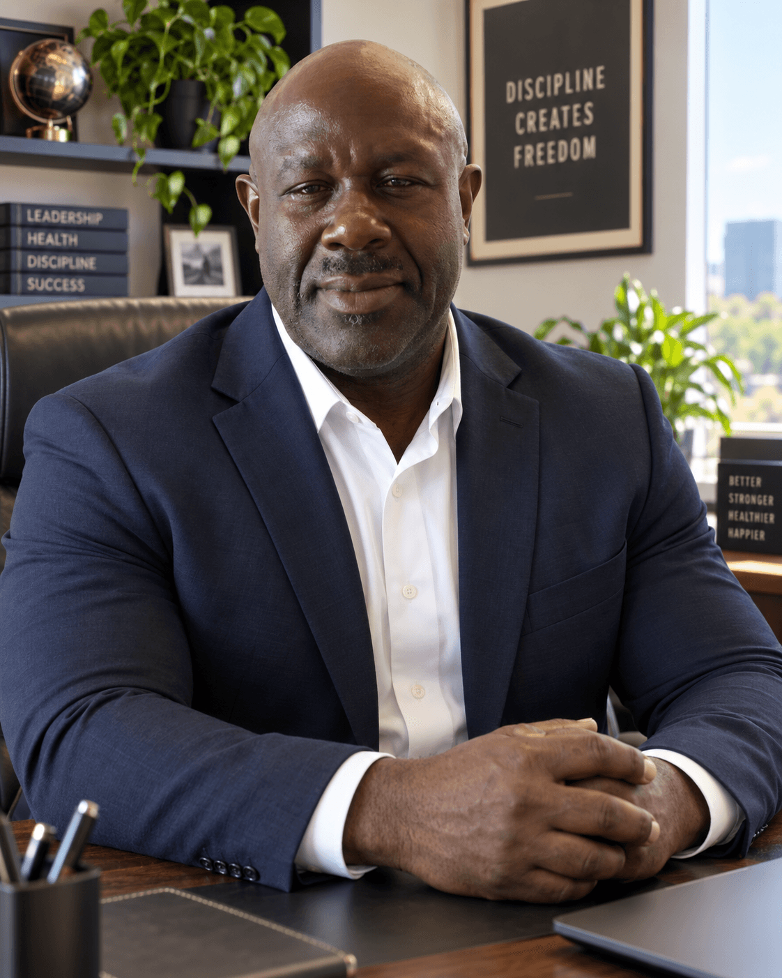 Muscular Black man in a navy suit sits at a desk with motivational office signs.