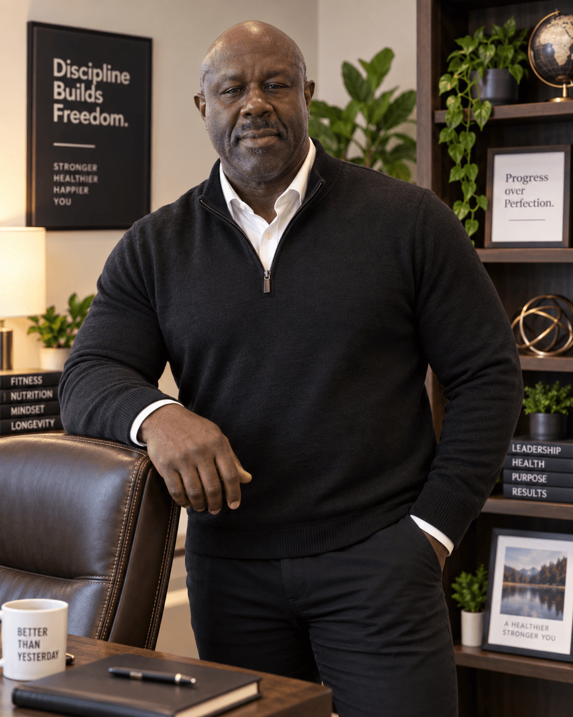 Middle-aged Black man in a black sweater standing in an office with motivational signs.
